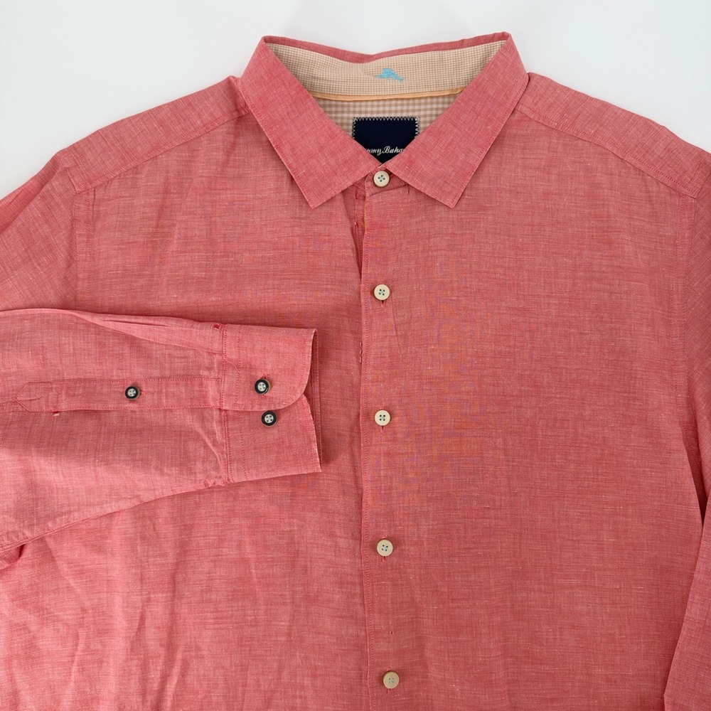 Tommy Bahama Mens Large Linen Cotton Button Down Shirt Coral Red Long Sleeve